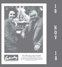 An advertisement for the 1967 Macy’s Thanksgiving Day Parade featuring hosts Betty White and Lorne Green in low-resolution grayscale. Photo credit: Binghamton NY Press, November 18th, 1967 via Old Fulton NY Post Cards