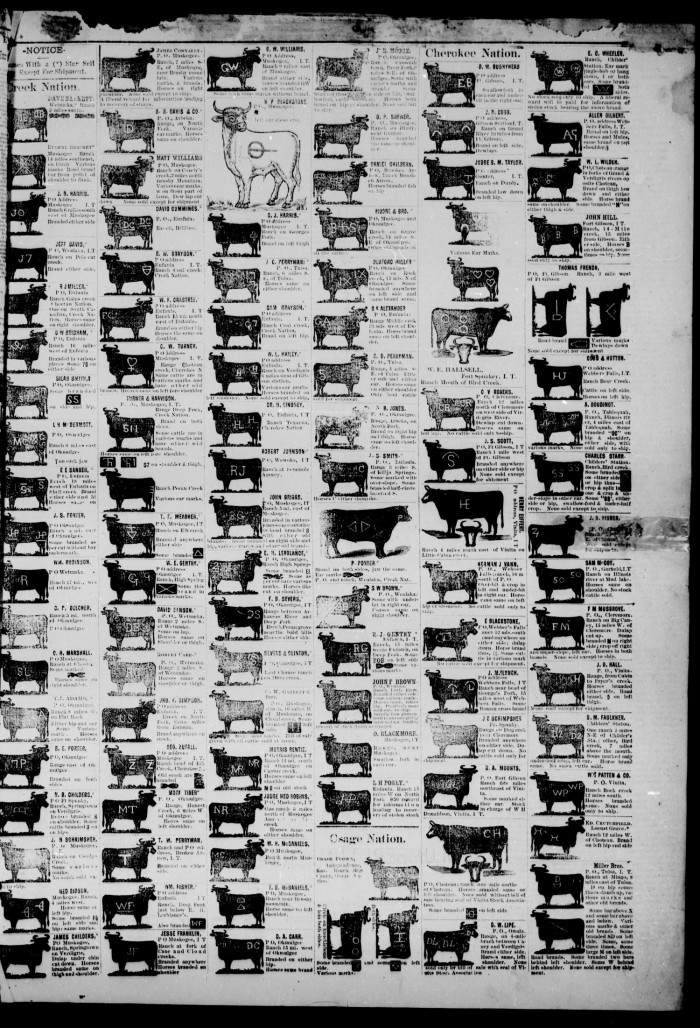 Microfilm newspaper Scanning image of The Branding Iron, published in March 1884. The page lists the brands of various farmers in the area and where they are located. 