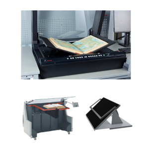 Leggio per scanner overhead e scanner per libri. Area di scansione fino ad  A3. Realizzato in poliacrilico nero.