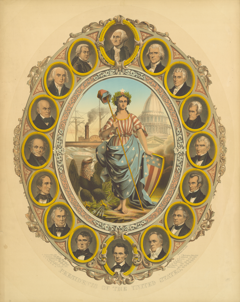 image of lady liberty surrounded by the first 16 presidents of the United States