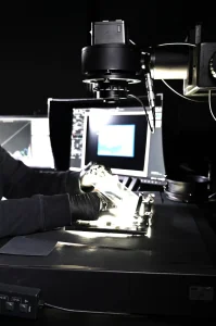An imaging specialist carefully positions a photo negative under a high-resolution overhead camera, in Crowley’s Digitization Service Bureau, May 2025